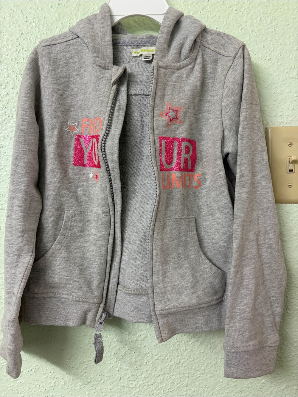 Girls' Gray Zip Hoodie with Pink Glitter Graphic